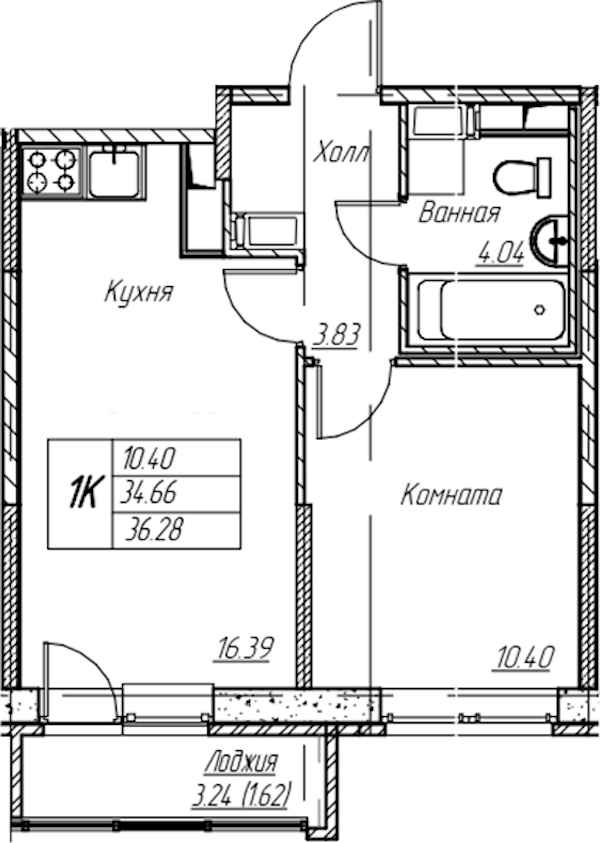1-комнатная квартира 36.28 м², 19/22 эт., ЖК «Парк-квартал Юнтолово»